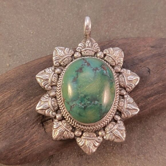 Vintage Royston Sterling Blue Green Brown Turquoise Flourish Bezel Pendant - Picture 3 of 13
